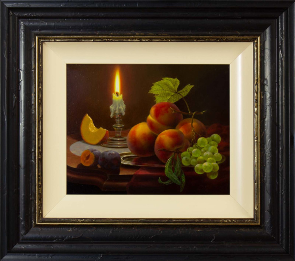 intricate detailed still life painting of fruit under candlelight