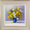 Original oil painting featuring a floral bouquet in yellow, white and purple tones in a blue vase by talented Gerhard Nesvadba