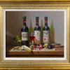 Original still life oil painting featuring three bottles of wine with grapes and cheese on top of a wooden board counter by talented artist Zoltan Preiner