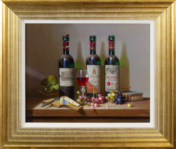 Original still life oil painting featuring three bottles of wine with grapes and cheese on top of a wooden board counter by talented artist Zoltan Preiner