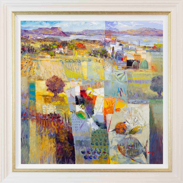 abstract landscape with a tapestry of patterns and colours by Italian artist mario malfer
