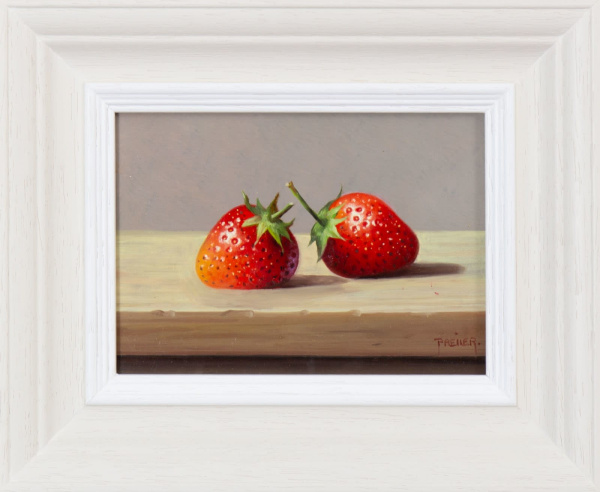 Original still life oil painting featuring a pair of strawberries at a level of almost hyperreality by talented artist Zoltan Preiner