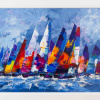 Original oil painting featuring sail boats sailing towards the left in with colourful sails in a impressionistic style a stormy day by Spanish artist Cortes