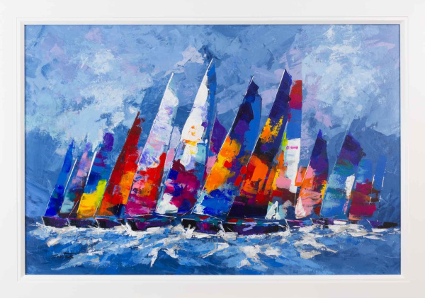 Original oil painting featuring sail boats sailing towards the left in with colourful sails in a impressionistic style a stormy day by Spanish artist Cortes
