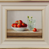 original oil painting featuring some juicy strawberries in a white bowl next to a vase with some strawberries flowers on it in a still life manner by talented artist Zoltan Preiner