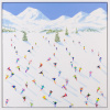 bright and colourful painting of three-dimensional skiers racing down the slopes with mountains in the distance