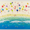 bright aerial coastal painting of waves lapping on the beach with textured people sunbathing