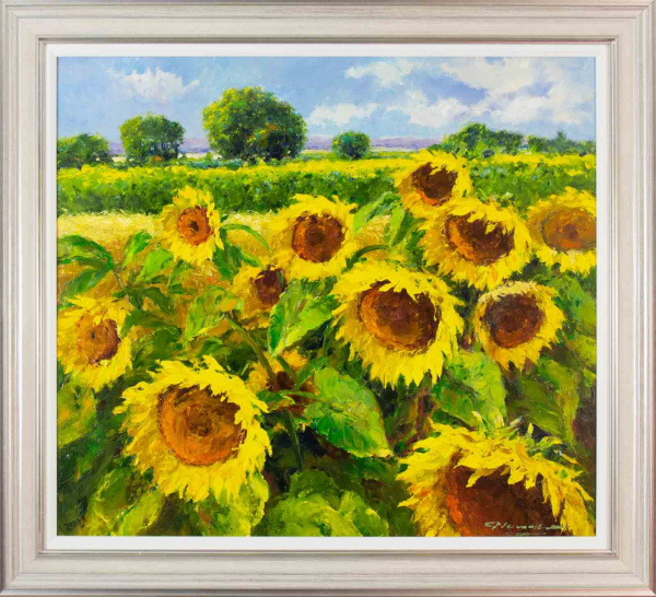 striking painting of sunflowers in a field on a summer's day