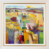 abstract landscape painting by mario malfer with bright colours and a tapestry pattern
