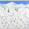 bright and colourful painting of three-dimensional skiers racing down the slopes with mountains in the distance