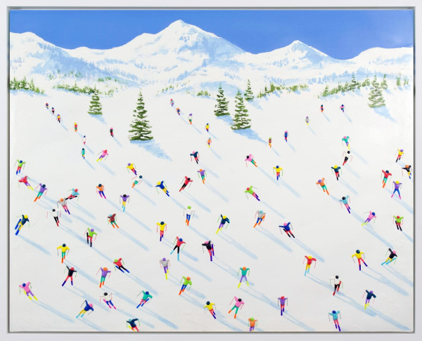 bright and colourful painting of three-dimensional skiers racing down the slopes with mountains in the distance