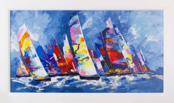 original oil painting featuring sail boats sailing with colourful sails in a impressionistic style a stormy day by Spanish artist Cortes