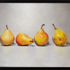 detailed still life painting of four pears against a grey backdrop