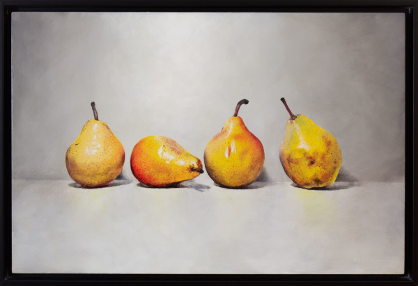 detailed still life painting of four pears against a grey backdrop