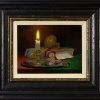 traditional detailed painting of a still life scene with candle and book