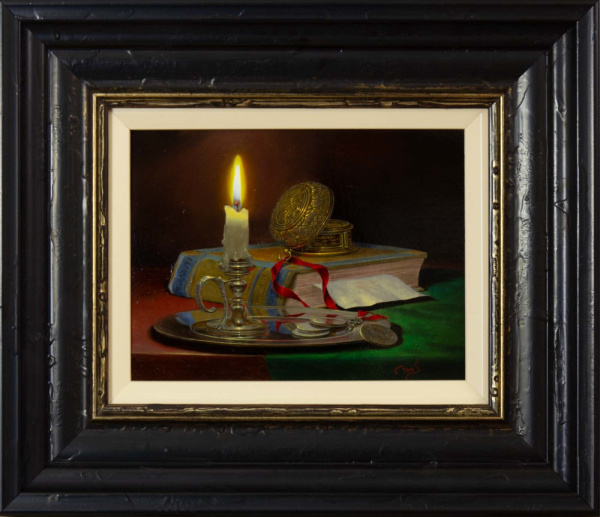 traditional detailed painting of a still life scene with candle and book