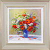 Original oil painting featuring a poppy bouquet with some further white flowers in a blue vase in a impressionistic style by talented Gerhard Nesvadba