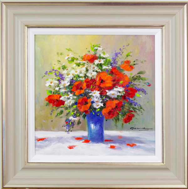 Original oil painting featuring a poppy bouquet with some further white flowers in a blue vase in a impressionistic style by talented Gerhard Nesvadba