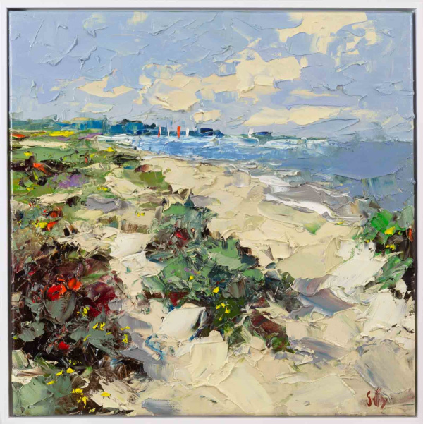 Original oil painting featuring a coastal scene amongst some dunes on a sunny day in palette knife style by talented Frank Getty