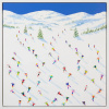 bright and colourful painting of three-dimensional skiers racing down the slopes with mountains in the distance