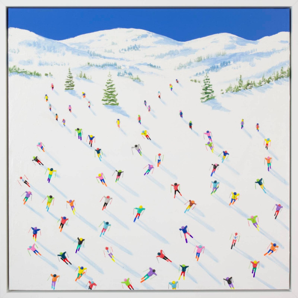 bright and colourful painting of three-dimensional skiers racing down the slopes with mountains in the distance