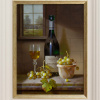 Original still life oil painting featuring a bottle of Chanson Meursault with white grapes on top of a marble counter with views through a stunning window to the countryside by talented artist Zoltan Preiner