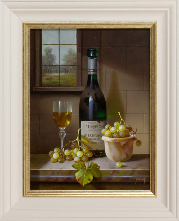 Original still life oil painting featuring a bottle of Chanson Meursault with white grapes on top of a marble counter with views through a stunning window to the countryside by talented artist Zoltan Preiner