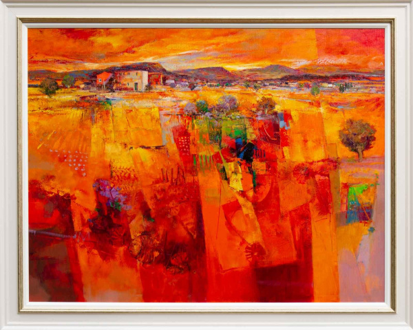 large statement abstract landscape painting in hues of red by Italian artist Mario Malfer