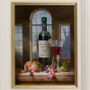 Original still life oil painting featuring a bottle of wine with red grapes and a peach on top of a wooden counter with views through a stunning window to the countryside by talented artist Zoltan Preiner