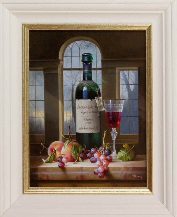 Original still life oil painting featuring a bottle of wine with red grapes and a peach on top of a wooden counter with views through a stunning window to the countryside by talented artist Zoltan Preiner