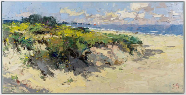 large seascape painting of sand dunes in palette knife by artist frank getty