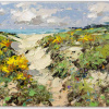 Original palette knife oil painting featuring a coastal path leading to the beach with the water in the horizon and wonderful dunes dressed with yellow flowers by Frank Getty