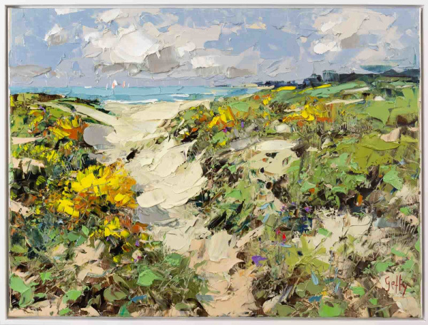 Original palette knife oil painting featuring a coastal path leading to the beach with the water in the horizon and wonderful dunes dressed with yellow flowers by Frank Getty
