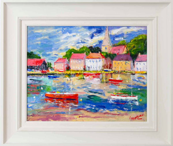 original painting by John Lawrence of Bosham harbour with bright colours