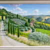 Original oil painting featuring a wonderful Tuscan landscape with its vineyards and its atmospheric cypresses by Italian artist Raffaele Fiore
