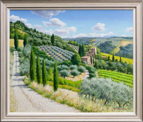 Original oil painting featuring a wonderful Tuscan landscape with its vineyards and its atmospheric cypresses by Italian artist Raffaele Fiore