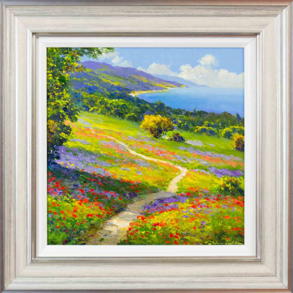 bright contemporary landscape painting looking over the Italian coast with poppies and verdant greens