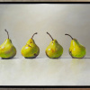 detailed still life painting of four pears against a grey backdrop