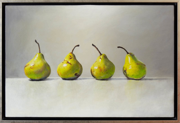 detailed still life painting of four pears against a grey backdrop