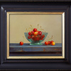 Original still life oil painting featuring a glass bowl in blue tones with cherries at a level of almost hyperreality by talented artist Zoltan Preiner