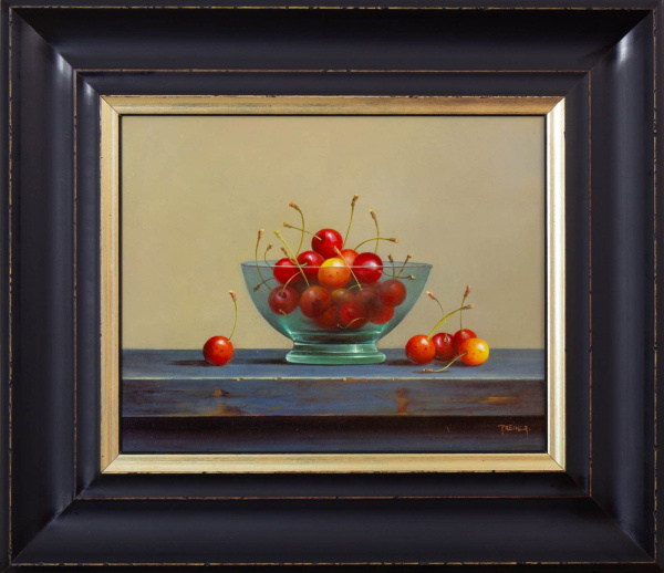 Original still life oil painting featuring a glass bowl in blue tones with cherries at a level of almost hyperreality by talented artist Zoltan Preiner