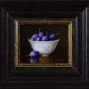 still life painting of damsons in a porcelain bowl against a dark backdrop