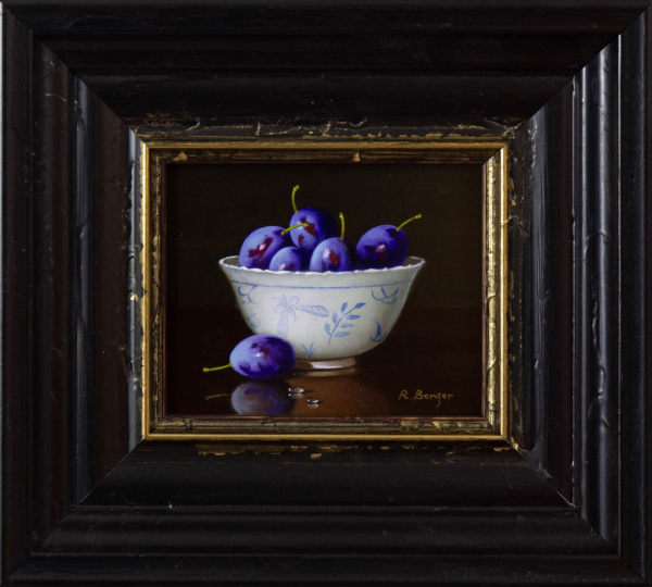 still life painting of damsons in a porcelain bowl against a dark backdrop