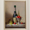 Original still life oil painting featuring a bottle of Don Perignon with white grapes and silver cup holding strawberries by talented artist Zoltan Preiner