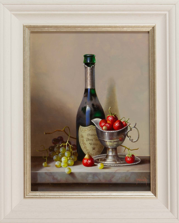 Original still life oil painting featuring a bottle of Don Perignon with white grapes and silver cup holding strawberries by talented artist Zoltan Preiner