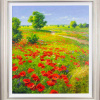 Original oil painting featuring a lovely sunny countryside with stunning red poppies in the foreground by talented Gerhard Nesvadba