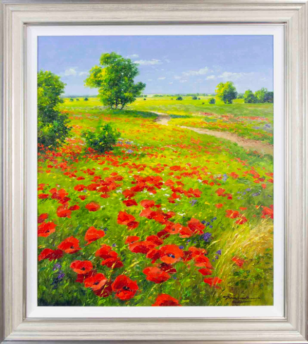 Original oil painting featuring a lovely sunny countryside with stunning red poppies in the foreground by talented Gerhard Nesvadba