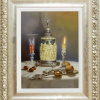 Original still life oil painting featuring a porcelain and silver vase, a champagne flute and a candle lit next to a couple of open nuts and a nutcracker by talented Gyula Boros