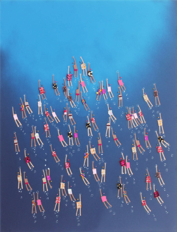 resin painting with ocean blue and swimmers created with textiles on the surface by Ruben Abstract
