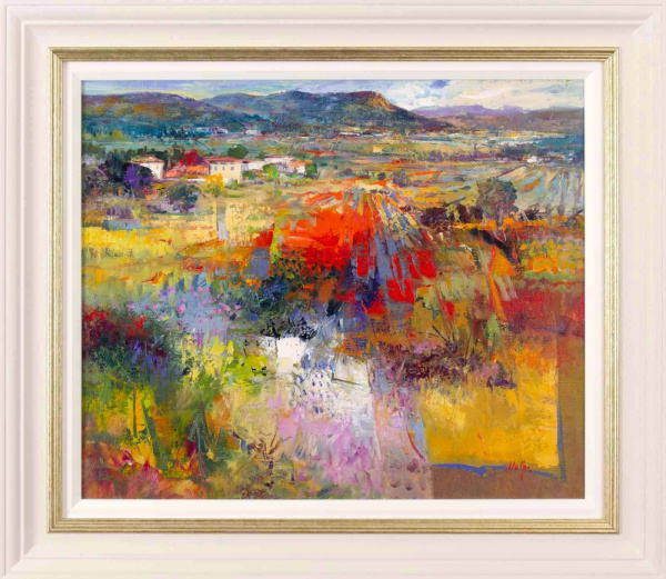abstract landscape painting inspired by Tuscany by Italian artist Mario Malfer with splashes of bright red and colour